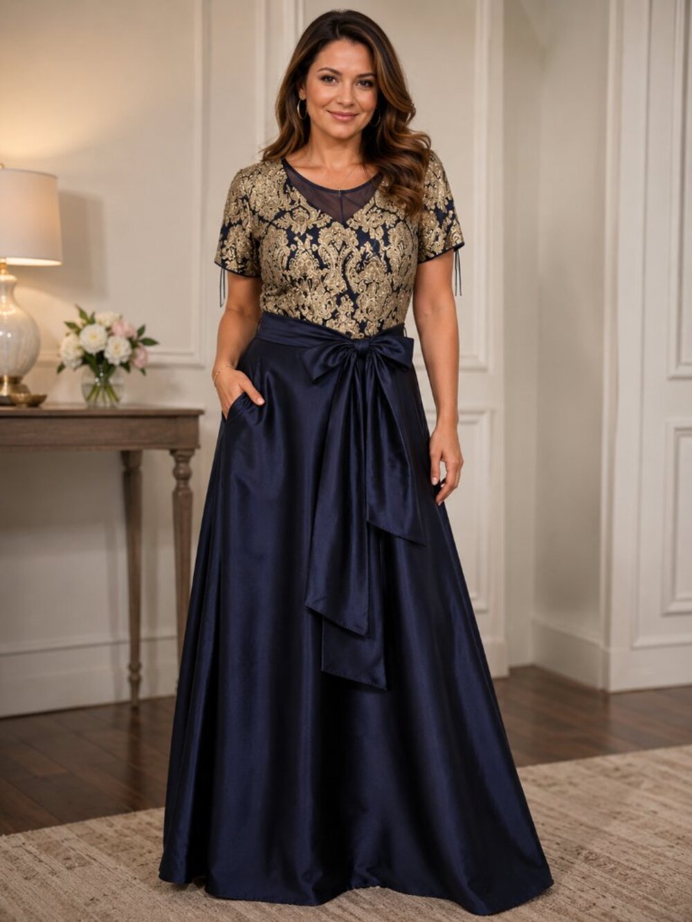 R&M Richards Navy & Gold Embroidered Formal Dress, Size 16W, Never Worn!
